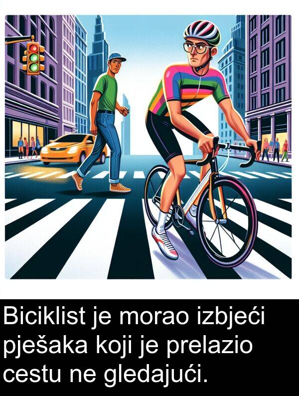 pješaka: Biciklist je morao izbjeći pješaka koji je prelazio cestu ne gledajući.