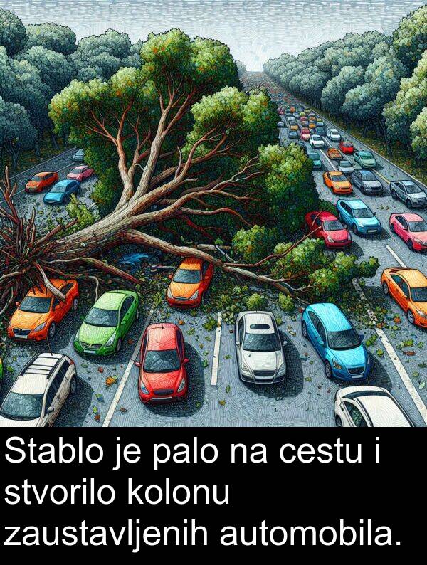 automobila: Stablo je palo na cestu i stvorilo kolonu zaustavljenih automobila.