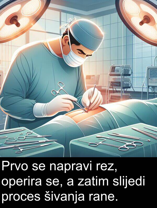 rane: Prvo se napravi rez, operira se, a zatim slijedi proces šivanja rane.