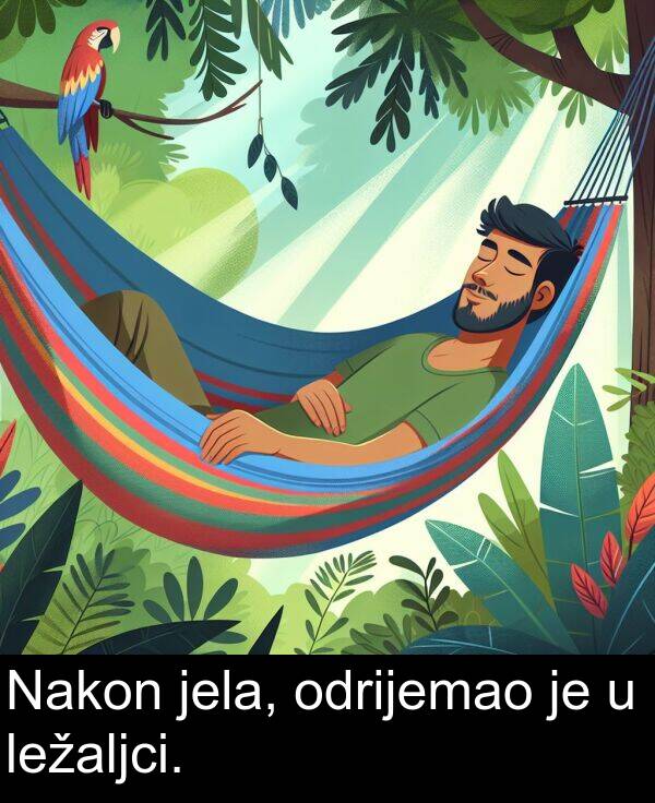 odrijemao: Nakon jela, odrijemao je u ležaljci.