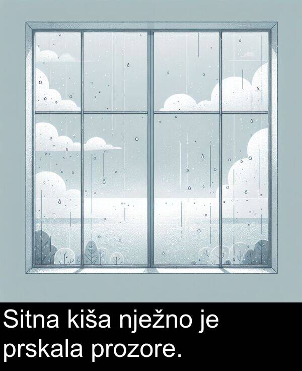 kiša: Sitna kiša nježno je prskala prozore.