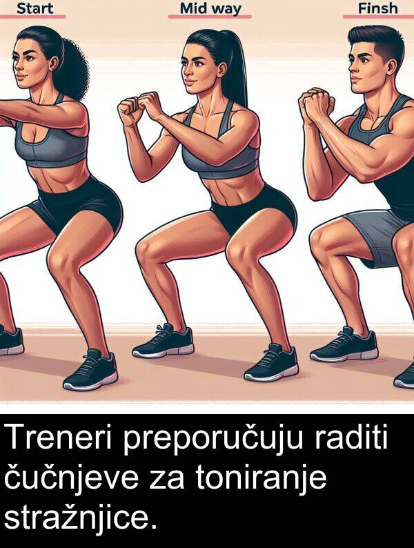 raditi: Treneri preporučuju raditi čučnjeve za toniranje stražnjice.
