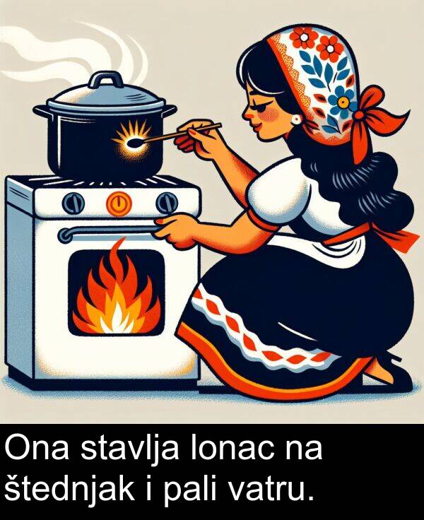 pali: Ona stavlja lonac na štednjak i pali vatru.