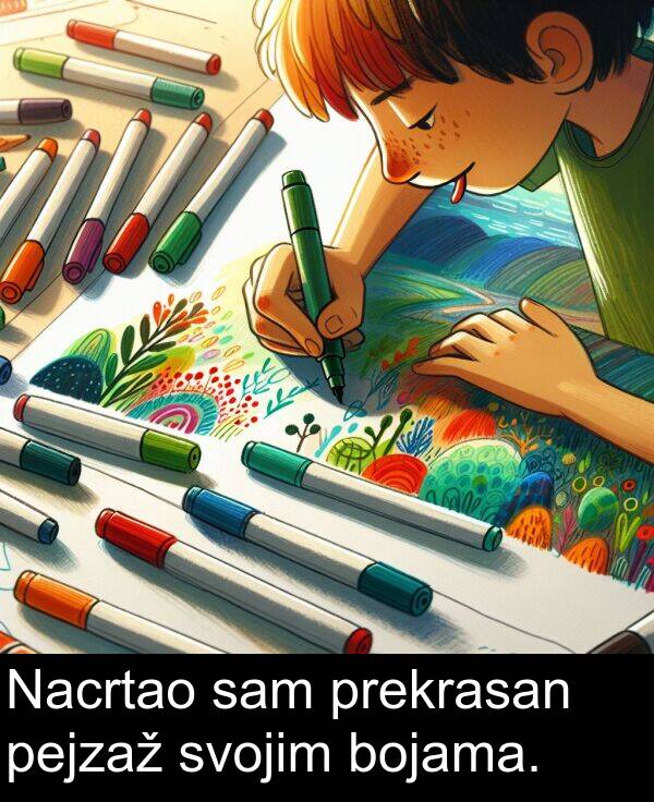 bojama: Nacrtao sam prekrasan pejzaž svojim bojama.