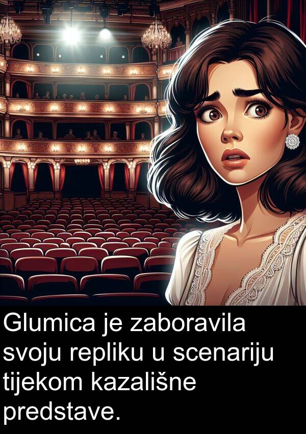 zaboravila: Glumica je zaboravila svoju repliku u scenariju tijekom kazališne predstave.