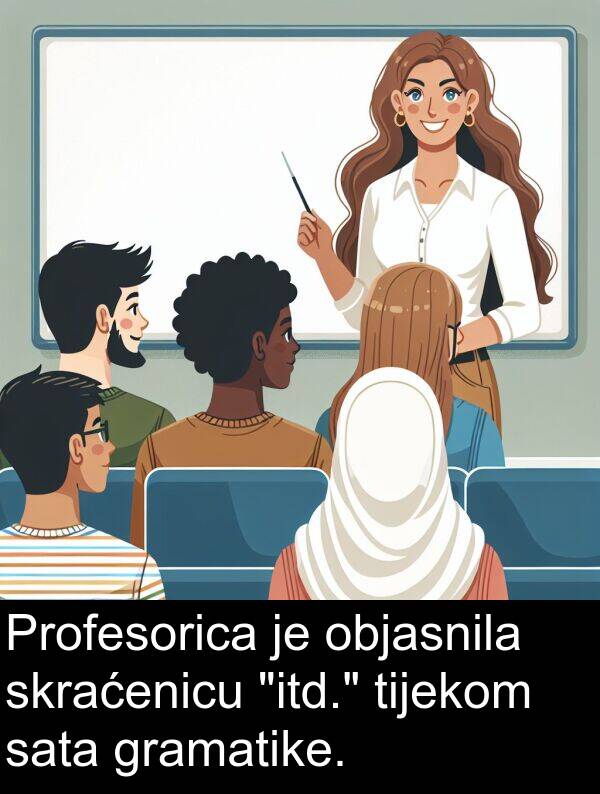 objasnila: Profesorica je objasnila skraćenicu "itd." tijekom sata gramatike.