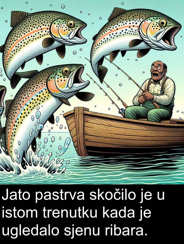 ugledalo: Jato pastrva skočilo je u istom trenutku kada je ugledalo sjenu ribara.
