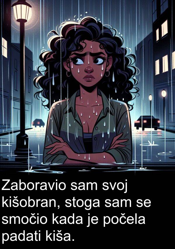 kiša: Zaboravio sam svoj kišobran, stoga sam se smočio kada je počela padati kiša.