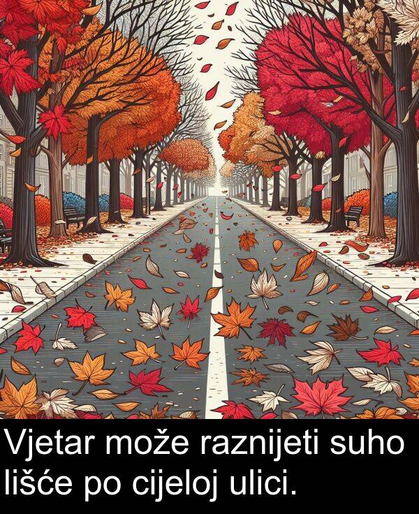 cijeloj: Vjetar može raznijeti suho lišće po cijeloj ulici.