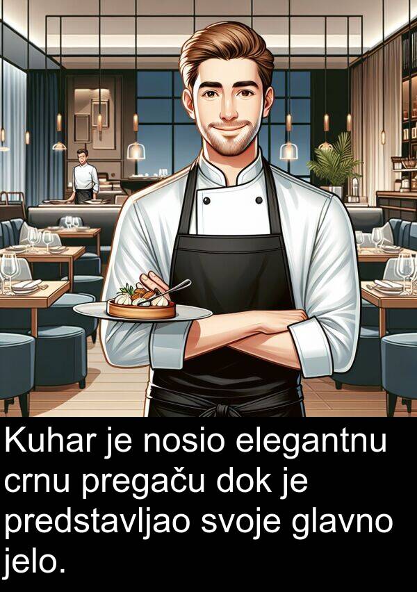 glavno: Kuhar je nosio elegantnu crnu pregaču dok je predstavljao svoje glavno jelo.