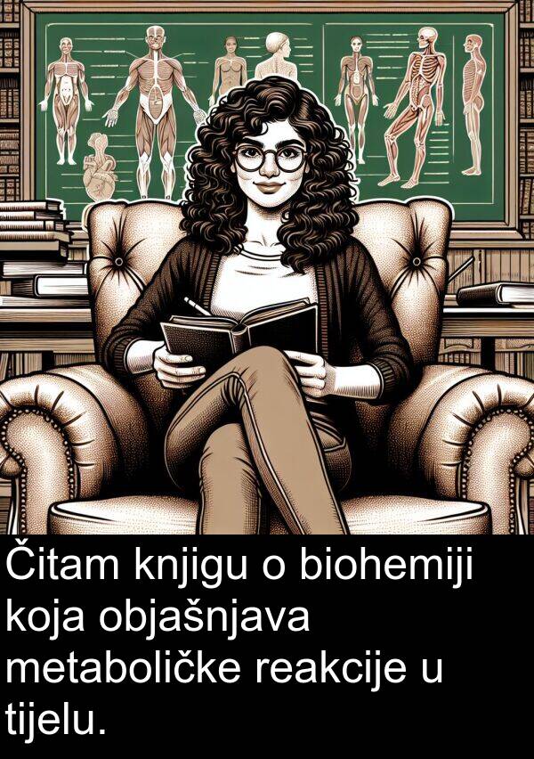 biohemiji: Čitam knjigu o biohemiji koja objašnjava metaboličke reakcije u tijelu.