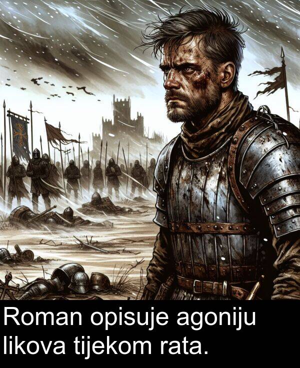 agoniju: Roman opisuje agoniju likova tijekom rata.
