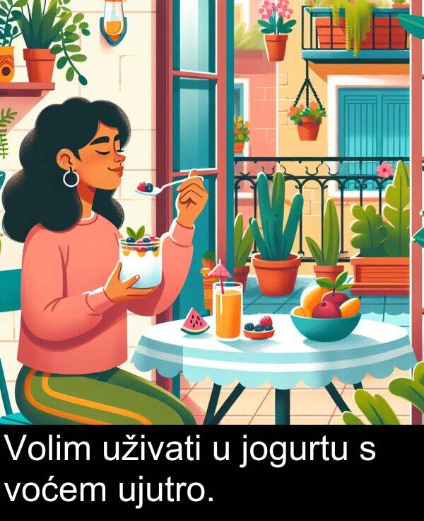 ujutro: Volim uživati u jogurtu s voćem ujutro.
