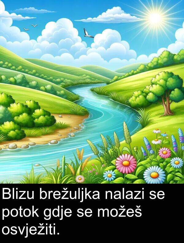 nalazi: Blizu brežuljka nalazi se potok gdje se možeš osvježiti.