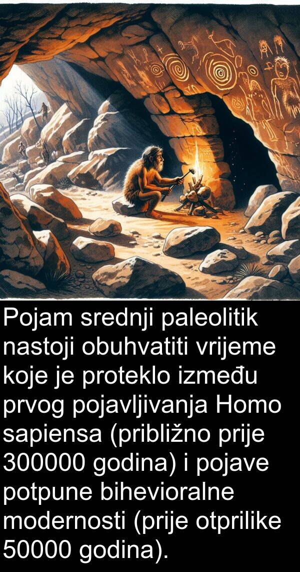 bihevioralne: Pojam srednji paleolitik nastoji obuhvatiti vrijeme koje je proteklo između prvog pojavljivanja Homo sapiensa (približno prije 300000 godina) i pojave potpune bihevioralne modernosti (prije otprilike 50000 godina).