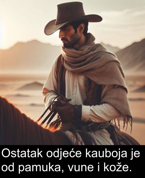 kauboja: Ostatak odjeće kauboja je od pamuka, vune i kože.
