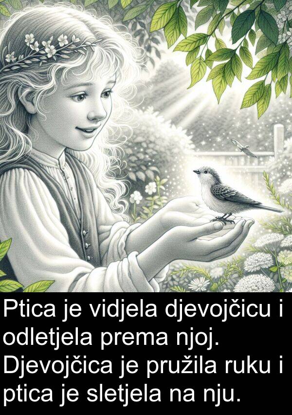 djevojčicu: Ptica je vidjela djevojčicu i odletjela prema njoj. Djevojčica je pružila ruku i ptica je sletjela na nju.