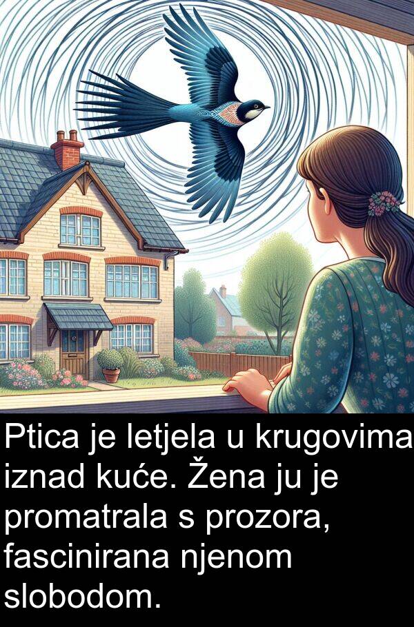 krugovima: Ptica je letjela u krugovima iznad kuće. Žena ju je promatrala s prozora, fascinirana njenom slobodom.