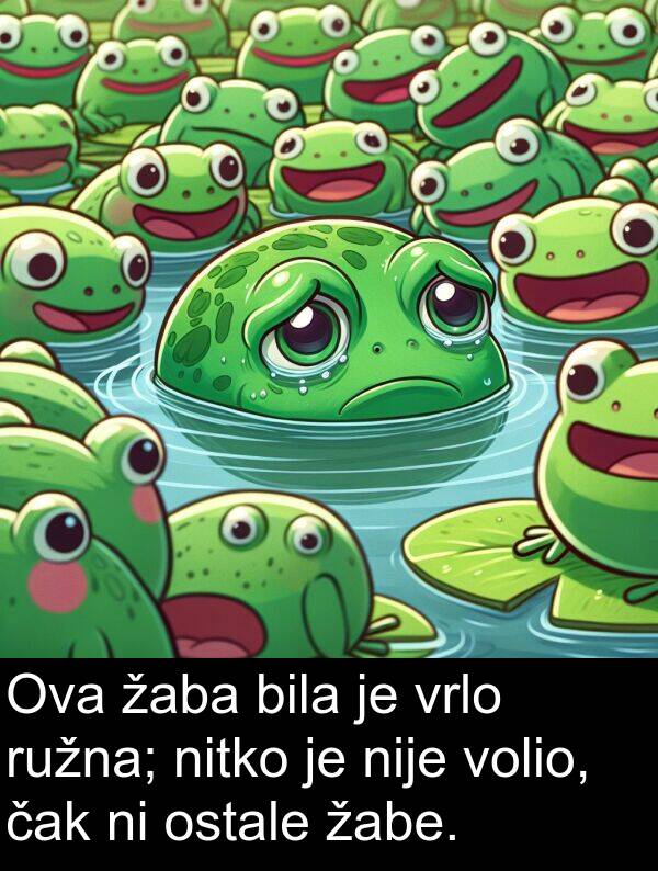 žaba: Ova žaba bila je vrlo ružna; nitko je nije volio, čak ni ostale žabe.