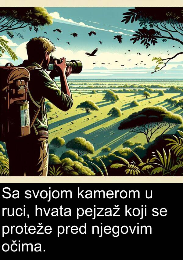 pejzaž: Sa svojom kamerom u ruci, hvata pejzaž koji se proteže pred njegovim očima.
