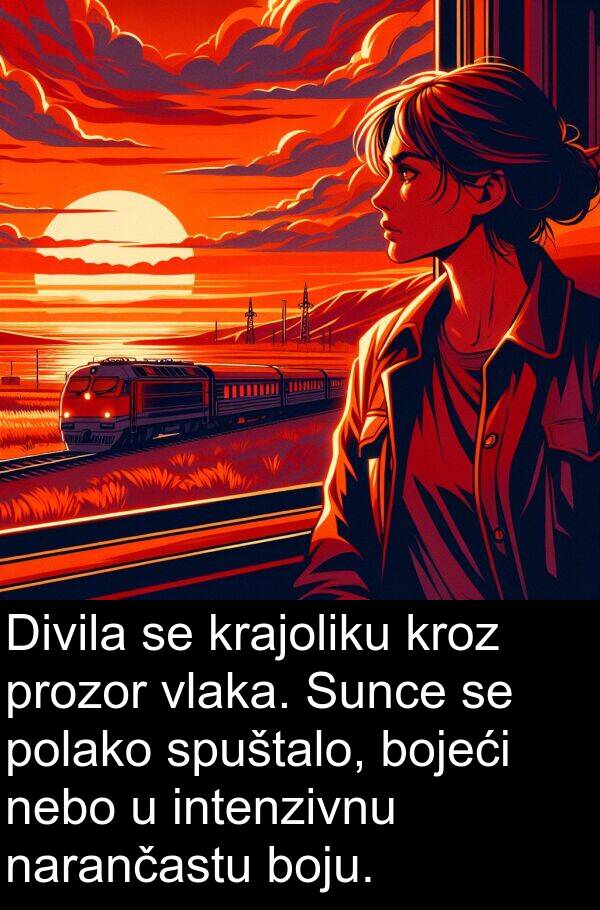 nebo: Divila se krajoliku kroz prozor vlaka. Sunce se polako spuštalo, bojeći nebo u intenzivnu narančastu boju.
