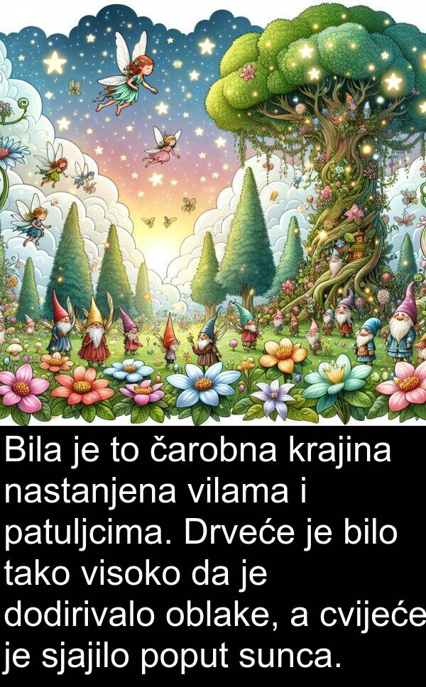 čarobna: Bila je to čarobna krajina nastanjena vilama i patuljcima. Drveće je bilo tako visoko da je dodirivalo oblake, a cvijeće je sjajilo poput sunca.