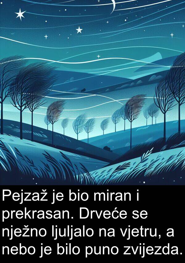 nebo: Pejzaž je bio miran i prekrasan. Drveće se nježno ljuljalo na vjetru, a nebo je bilo puno zvijezda.