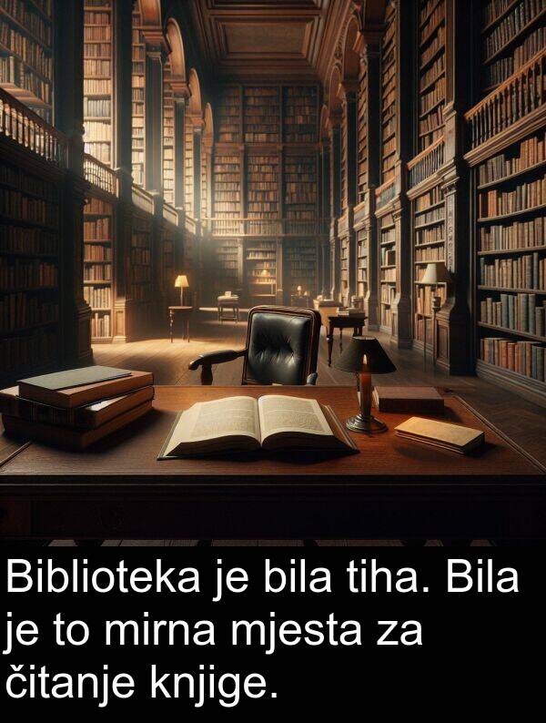 tiha: Biblioteka je bila tiha. Bila je to mirna mjesta za čitanje knjige.