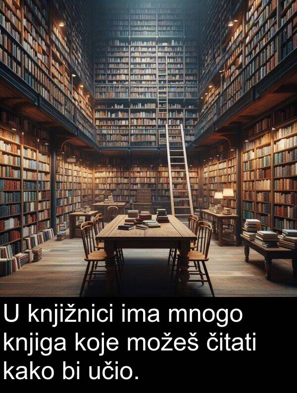 knjižnici: U knjižnici ima mnogo knjiga koje možeš čitati kako bi učio.