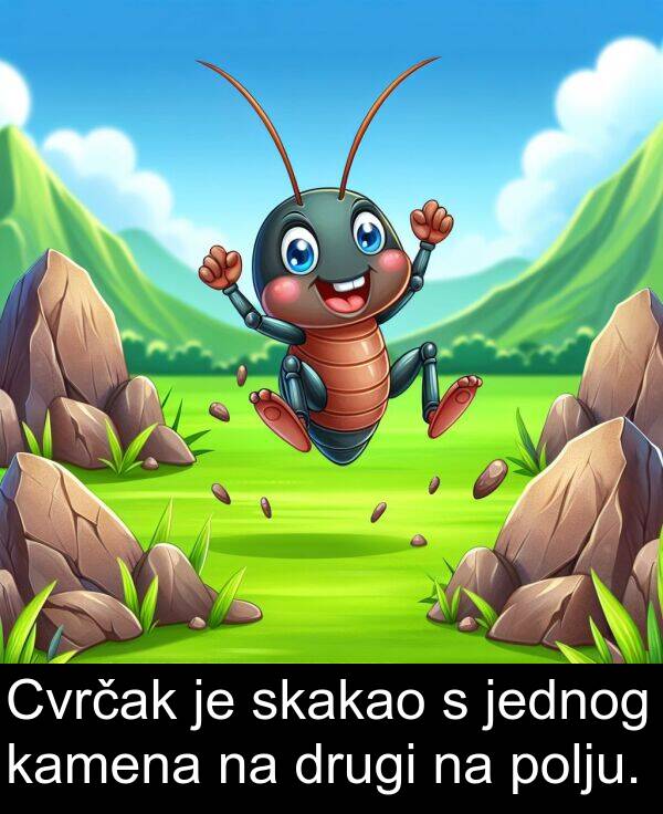 kamena: Cvrčak je skakao s jednog kamena na drugi na polju.