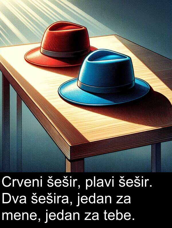 šešira: Crveni šešir, plavi šešir. Dva šešira, jedan za mene, jedan za tebe.