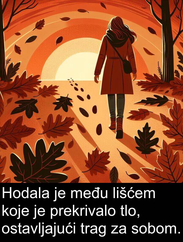 tlo: Hodala je među lišćem koje je prekrivalo tlo, ostavljajući trag za sobom.