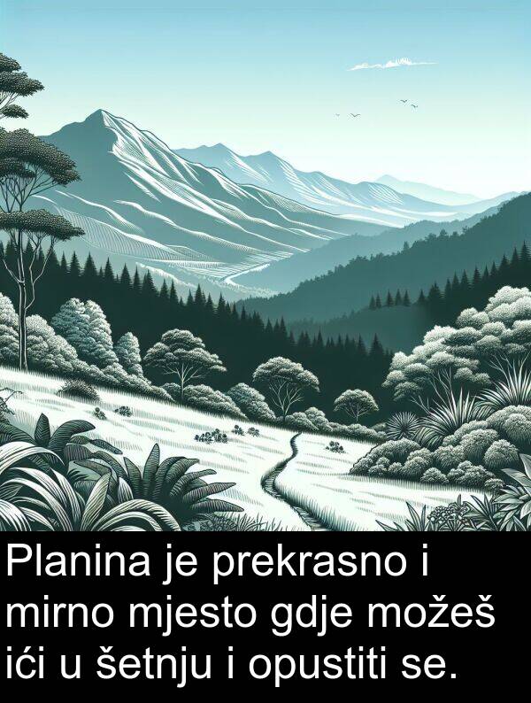ići: Planina je prekrasno i mirno mjesto gdje možeš ići u šetnju i opustiti se.