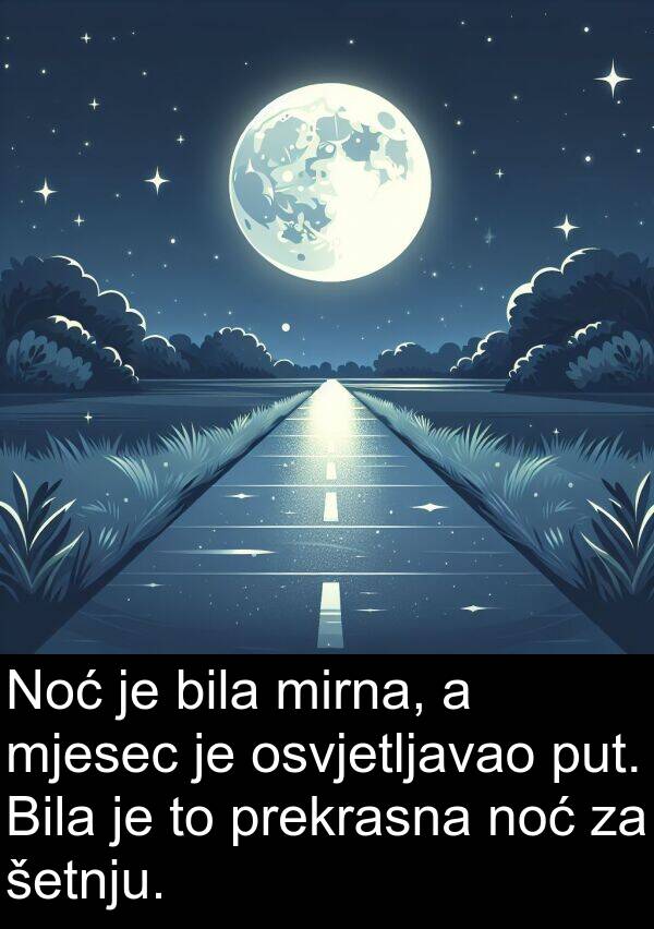 šetnju: Noć je bila mirna, a mjesec je osvjetljavao put. Bila je to prekrasna noć za šetnju.