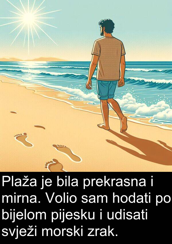 hodati: Plaža je bila prekrasna i mirna. Volio sam hodati po bijelom pijesku i udisati svježi morski zrak.
