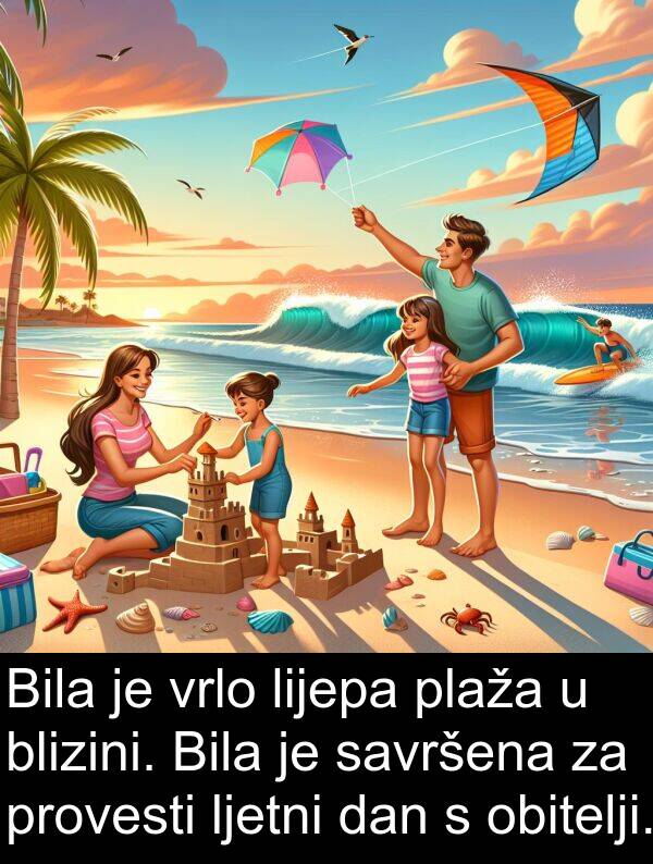 blizini: Bila je vrlo lijepa plaža u blizini. Bila je savršena za provesti ljetni dan s obitelji.