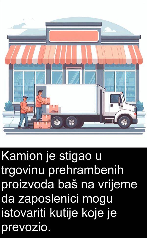 zaposlenici: Kamion je stigao u trgovinu prehrambenih proizvoda baš na vrijeme da zaposlenici mogu istovariti kutije koje je prevozio.