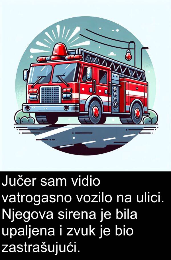 vatrogasno: Jučer sam vidio vatrogasno vozilo na ulici. Njegova sirena je bila upaljena i zvuk je bio zastrašujući.