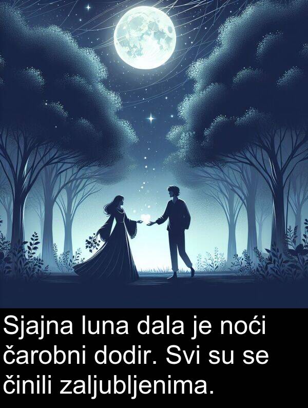 činili: Sjajna luna dala je noći čarobni dodir. Svi su se činili zaljubljenima.