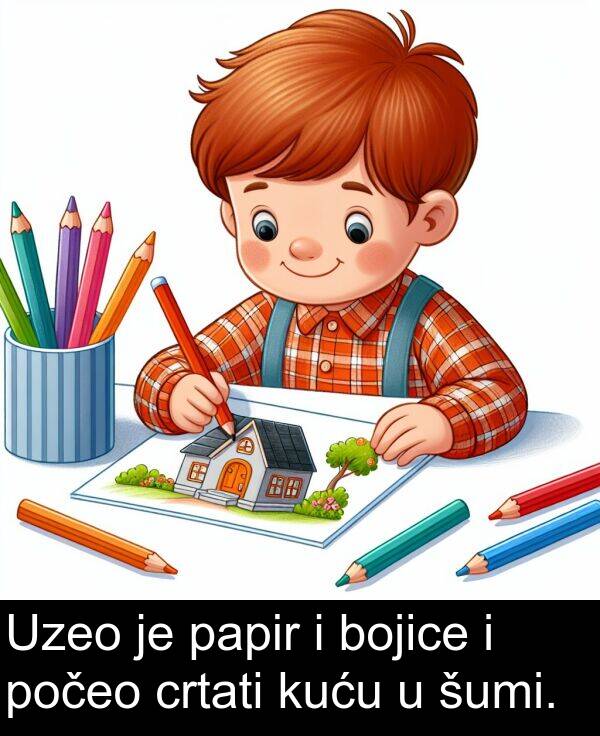 crtati: Uzeo je papir i bojice i počeo crtati kuću u šumi.