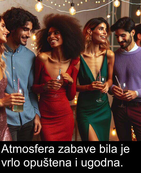 ugodna: Atmosfera zabave bila je vrlo opuštena i ugodna.