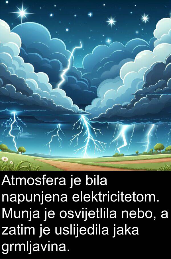 nebo: Atmosfera je bila napunjena elektricitetom. Munja je osvijetlila nebo, a zatim je uslijedila jaka grmljavina.