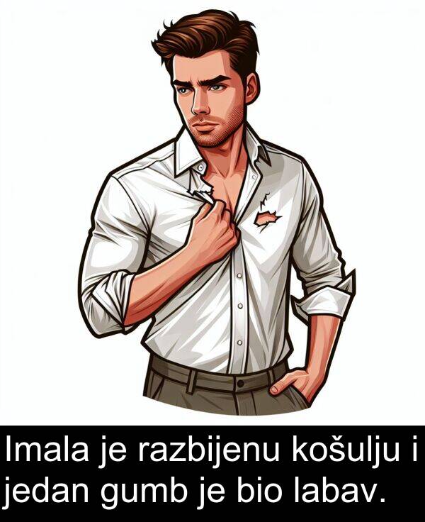 gumb: Imala je razbijenu košulju i jedan gumb je bio labav.