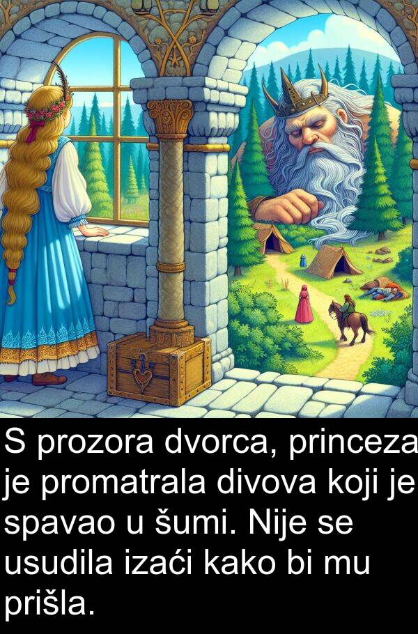 divova: S prozora dvorca, princeza je promatrala divova koji je spavao u šumi. Nije se usudila izaći kako bi mu prišla.