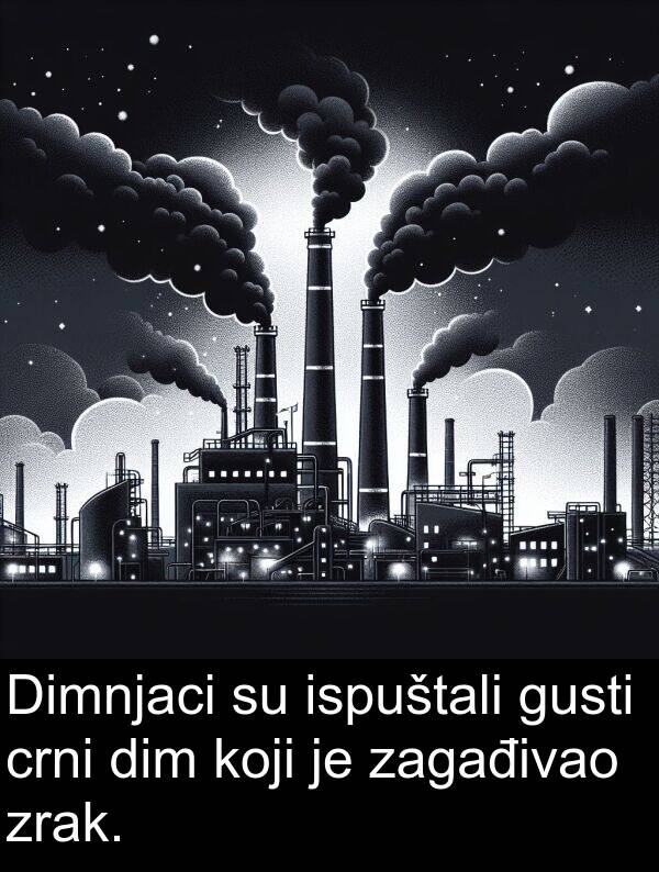 zagađivao: Dimnjaci su ispuštali gusti crni dim koji je zagađivao zrak.