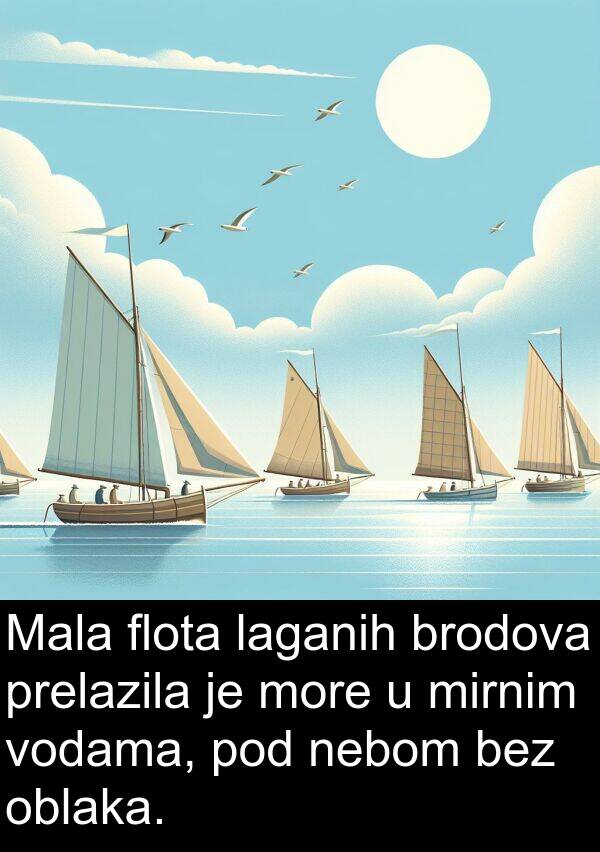 nebom: Mala flota laganih brodova prelazila je more u mirnim vodama, pod nebom bez oblaka.