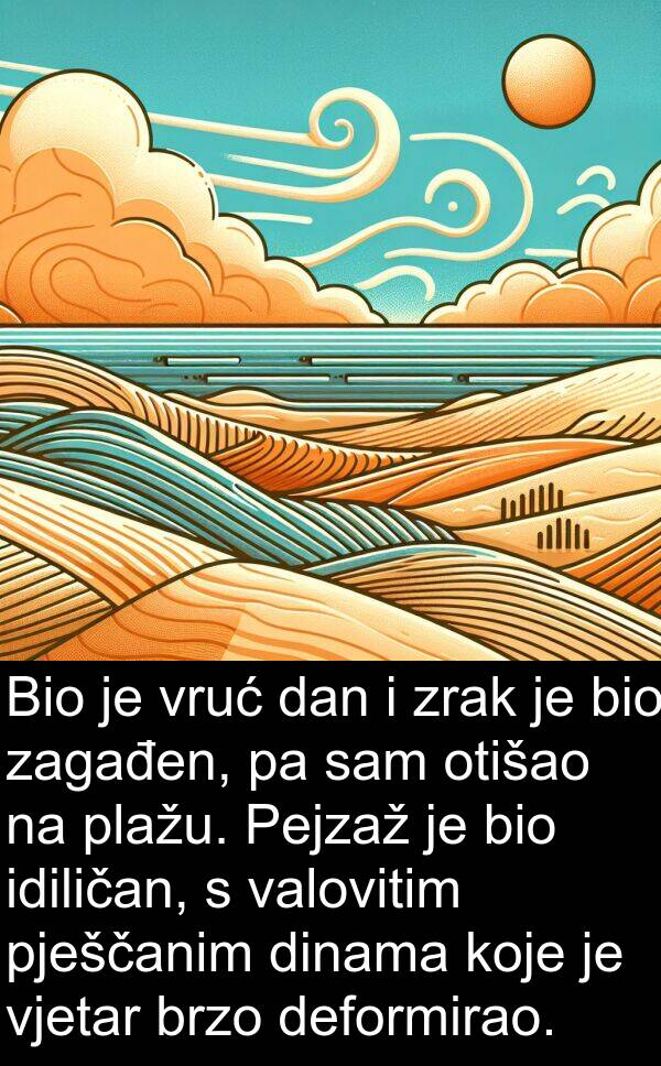 dinama: Bio je vruć dan i zrak je bio zagađen, pa sam otišao na plažu. Pejzaž je bio idiličan, s valovitim pješčanim dinama koje je vjetar brzo deformirao.