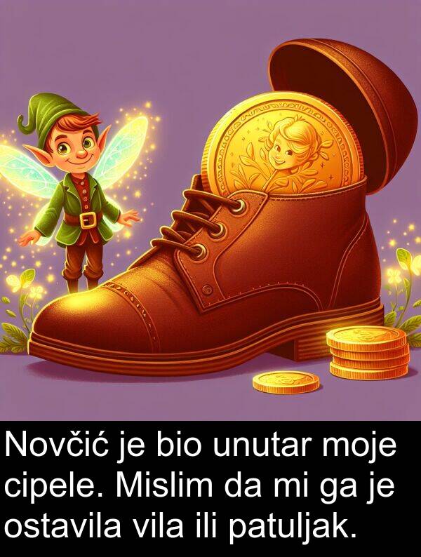 cipele: Novčić je bio unutar moje cipele. Mislim da mi ga je ostavila vila ili patuljak.