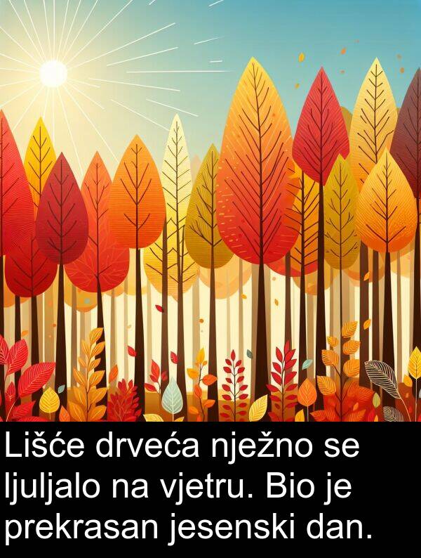 vjetru: Lišće drveća nježno se ljuljalo na vjetru. Bio je prekrasan jesenski dan.
