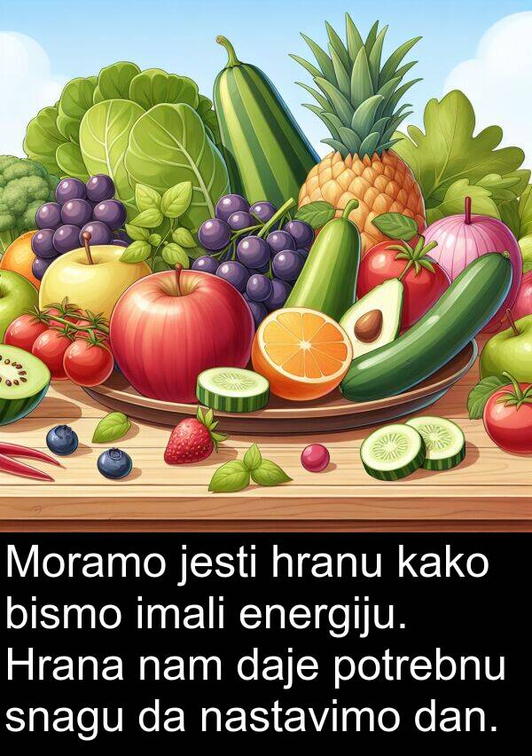 imali: Moramo jesti hranu kako bismo imali energiju. Hrana nam daje potrebnu snagu da nastavimo dan.